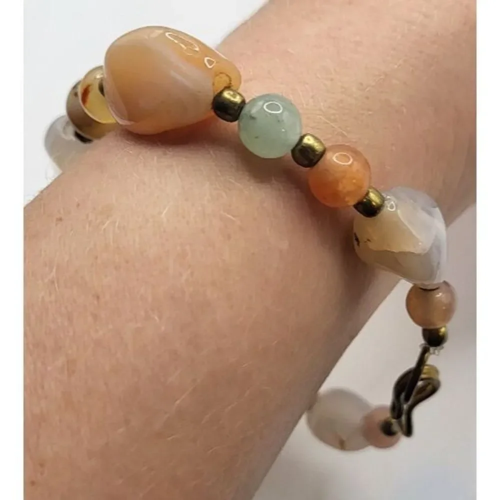 Estate Bohemian Orange Green Brass Agate Bracelet Chunky 8in